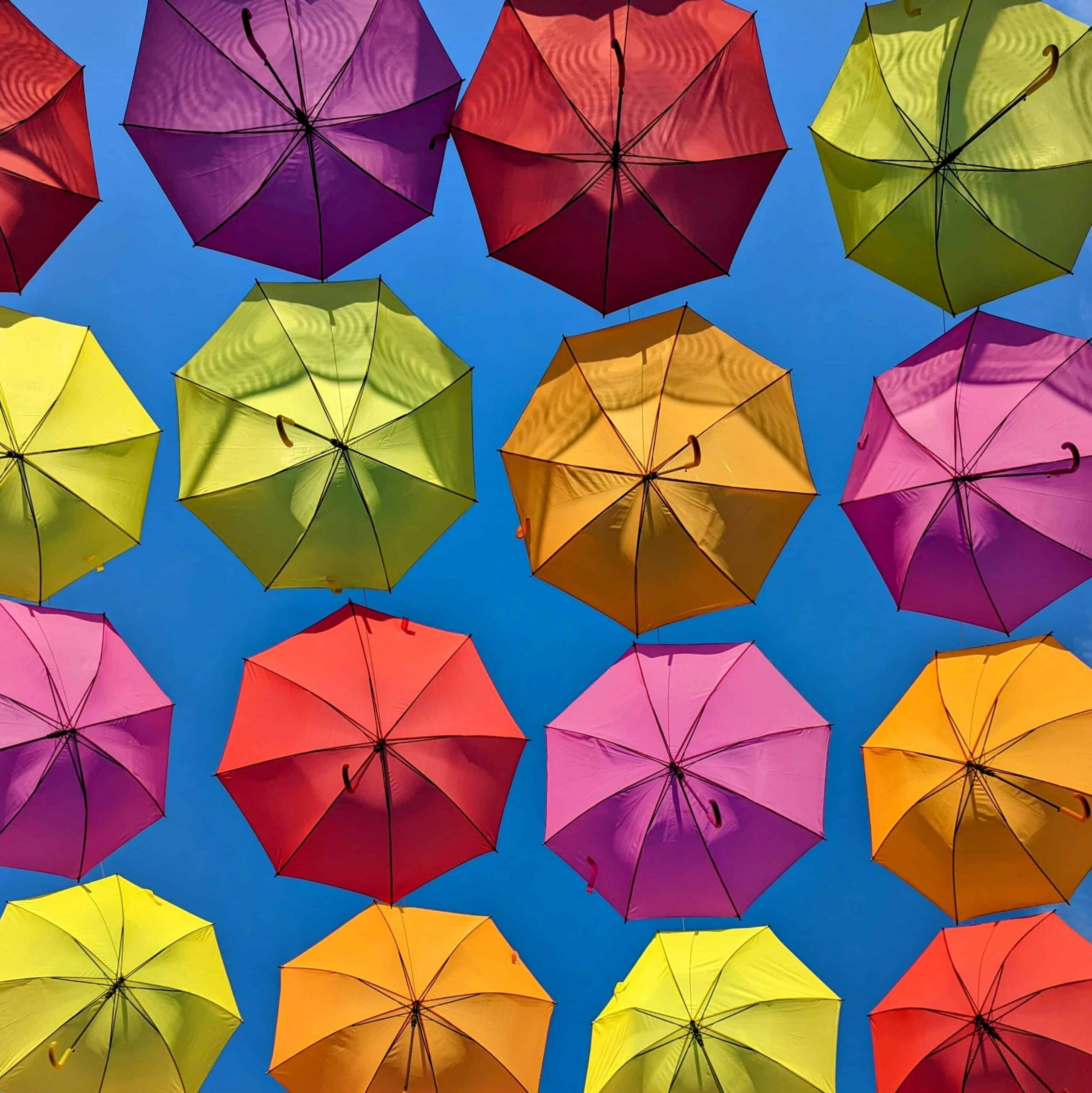 Multicoloured umbrellas in a grid